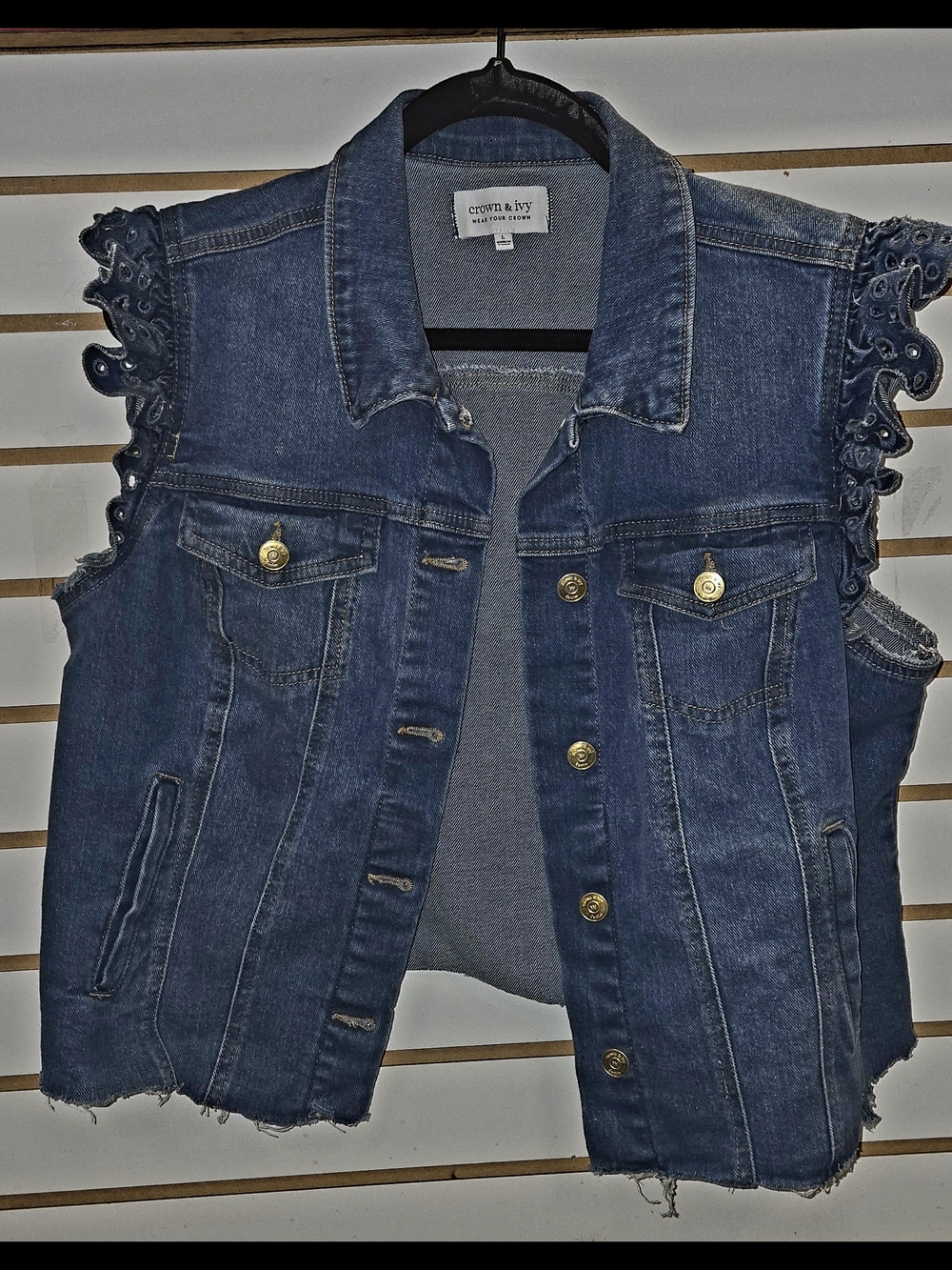 Crown & ivy Dark Blue Denim Ruffle-Sleeve Vest